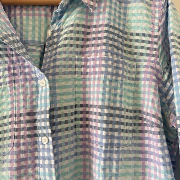 LL Bean Vacationland Seersucker Pastel Gingham Plaid Button Up Shirt Size Large - Picture 6 of 13